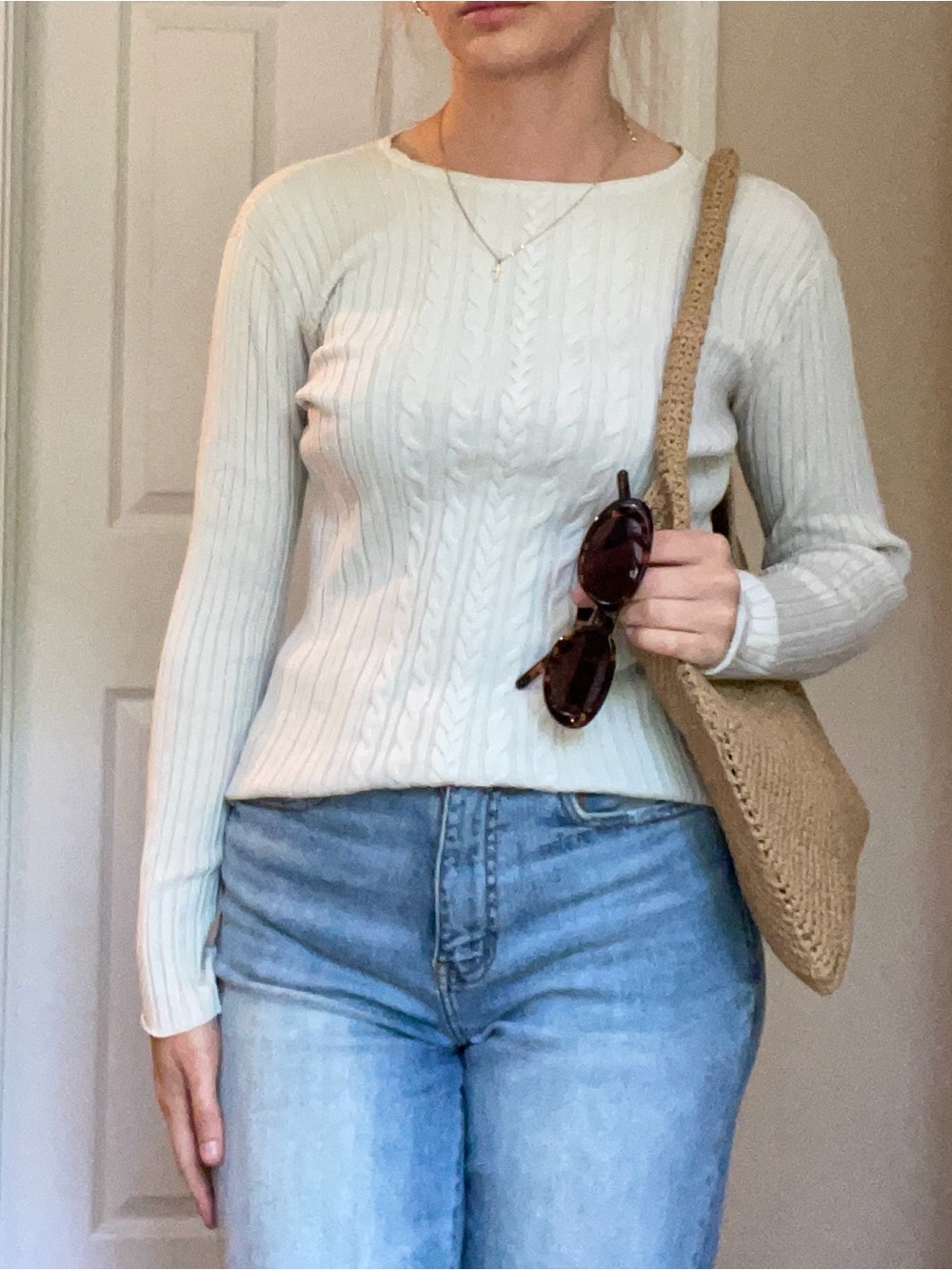 New York & Company Cream Cable-Detail Crewneck Sweater